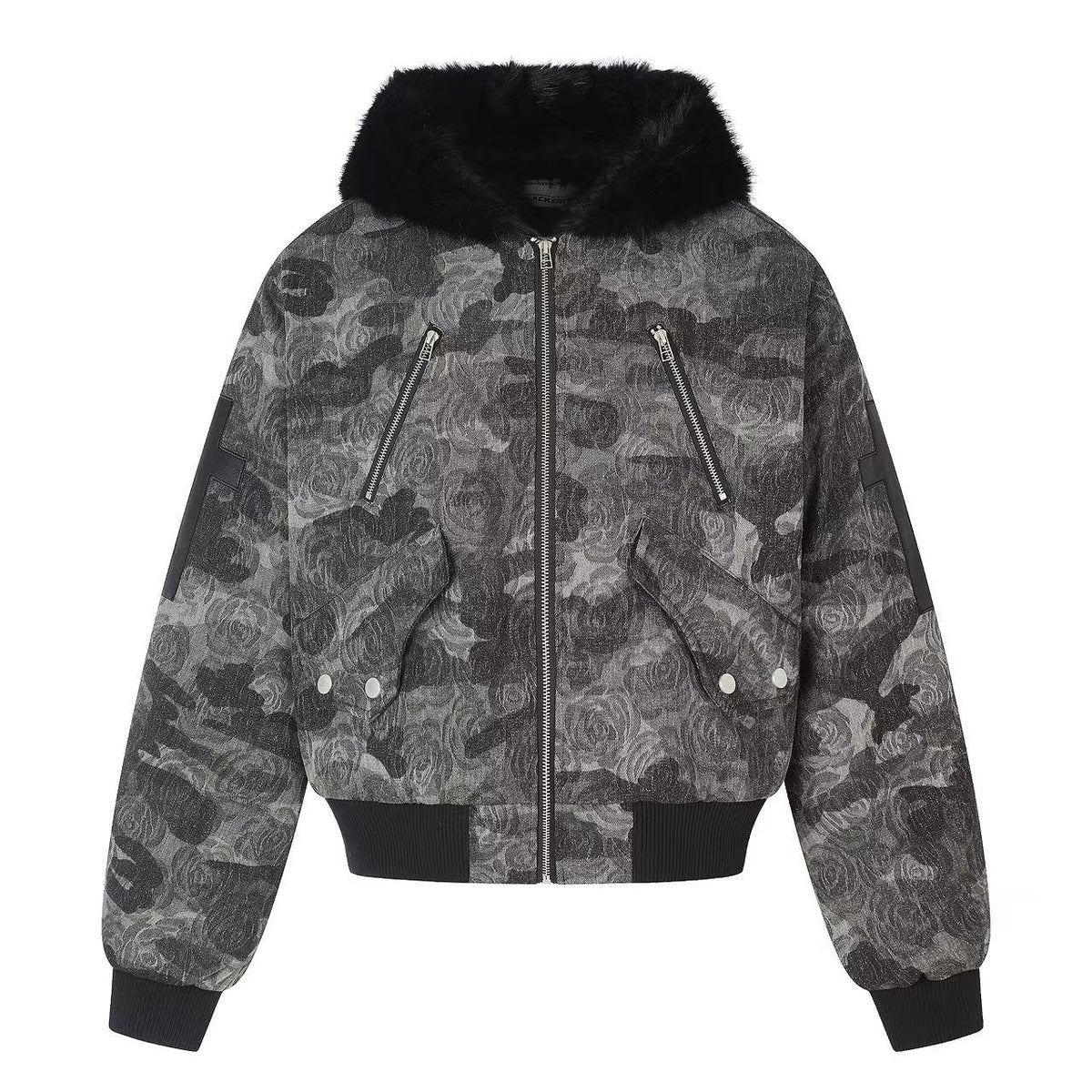Vintage Rose Camo Faux Fur Hood Bomber Jacket