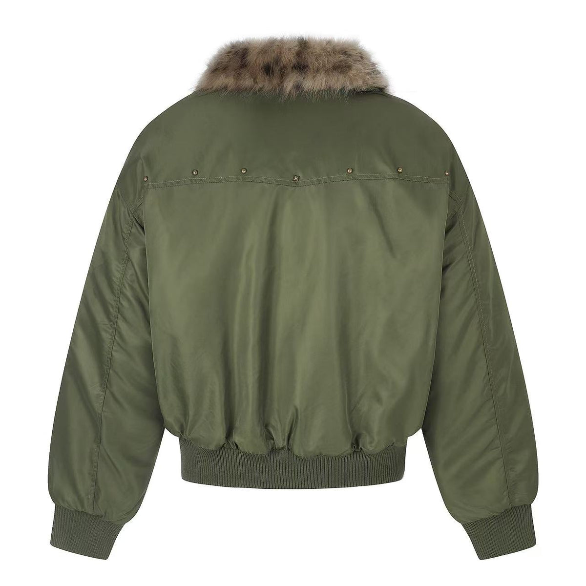 Olive Green Asymmetrical Zip Faux Leopard Fur Collar Bomber Jacket