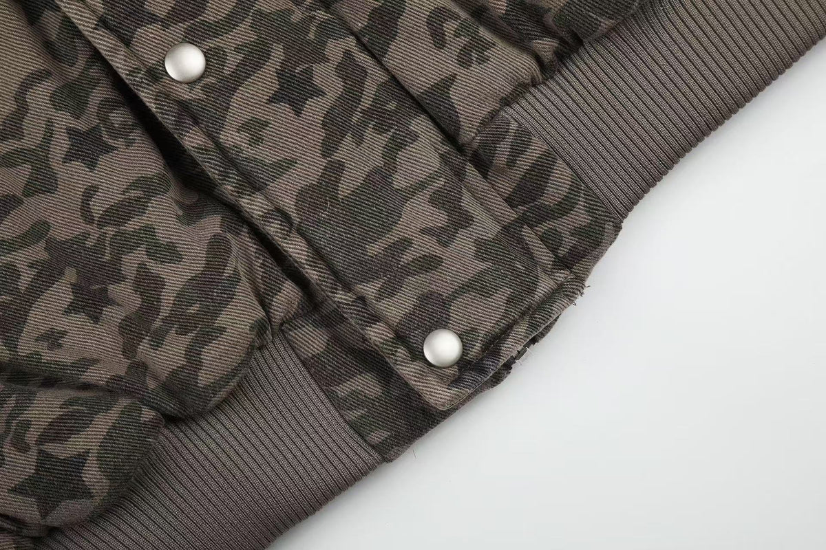 Star Camo Faux Fur Lined Hood Bomber Jacket
