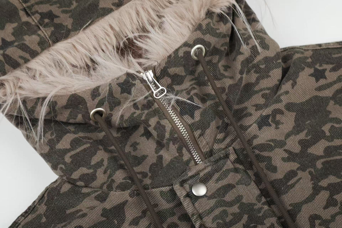 Star Camo Faux Fur Lined Hood Bomber Jacket