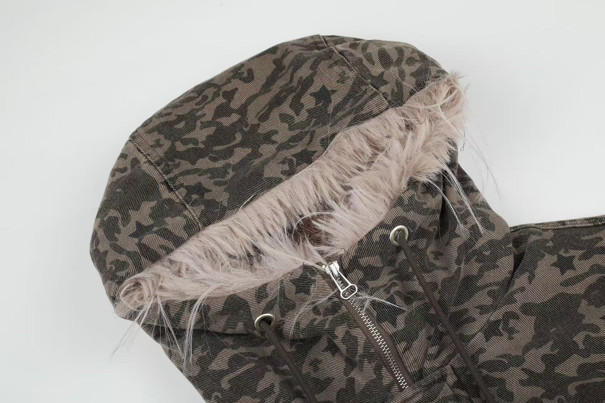 Star Camo Faux Fur Lined Hood Bomber Jacket