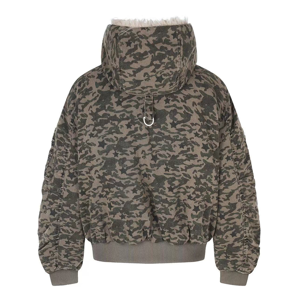 Star Camo Faux Fur Lined Hood Bomber Jacket