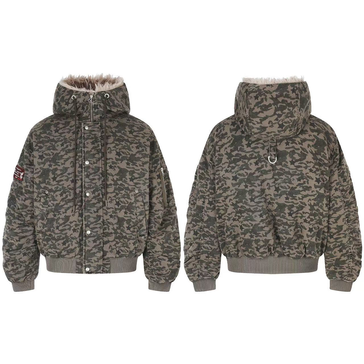 Star Camo Faux Fur Lined Hood Bomber Jacket