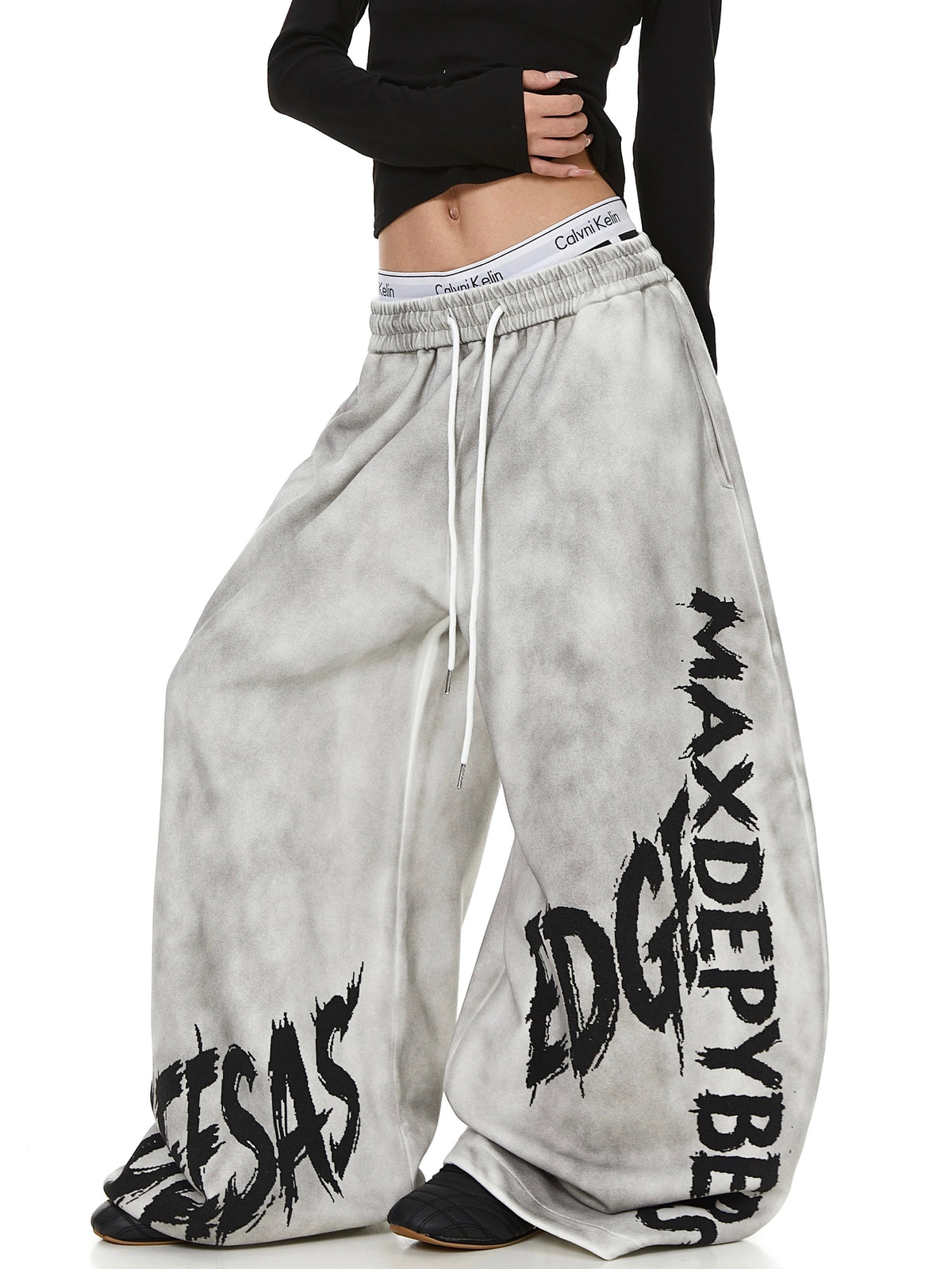 Wash Grunge Brush Letter Print Wide-Leg Sweatpants