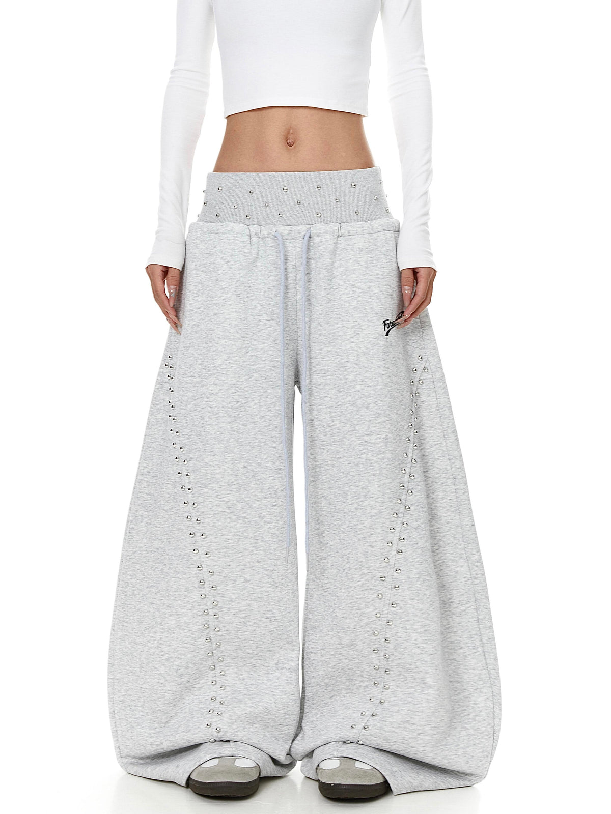 Rhinestone Studded Side Seam Arc Wide-Leg Sweatpants