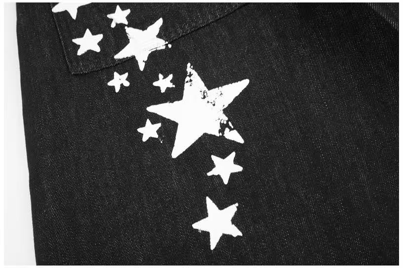 Vintage Star & Script Letter Print Black Baggy Wide Leg Jeans