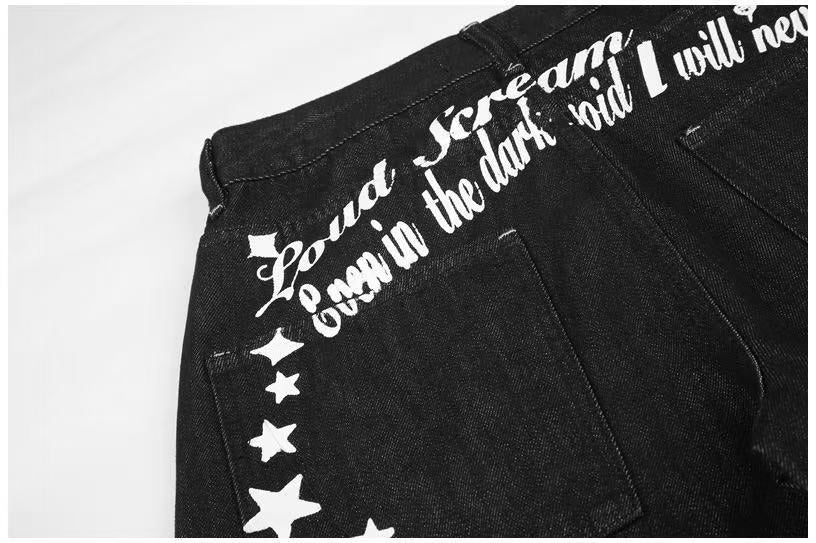 Vintage Star & Script Letter Print Black Baggy Wide Leg Jeans