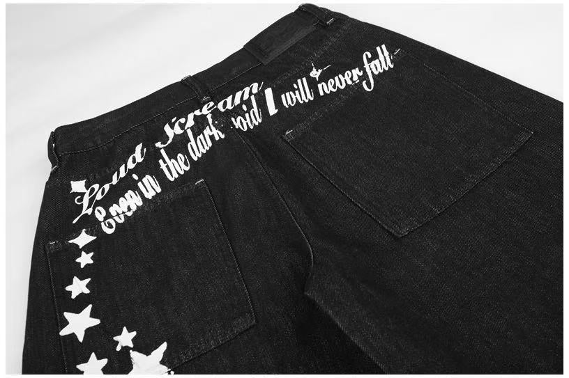 Vintage Star & Script Letter Print Black Baggy Wide Leg Jeans