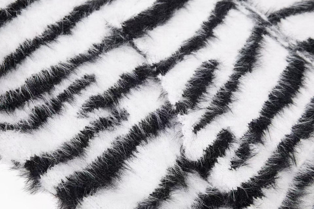 Zebra Stripe Fuzzy Zip Up Hooded Jacket
