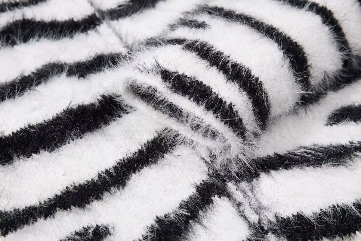 Zebra Stripe Fuzzy Zip Up Hooded Jacket