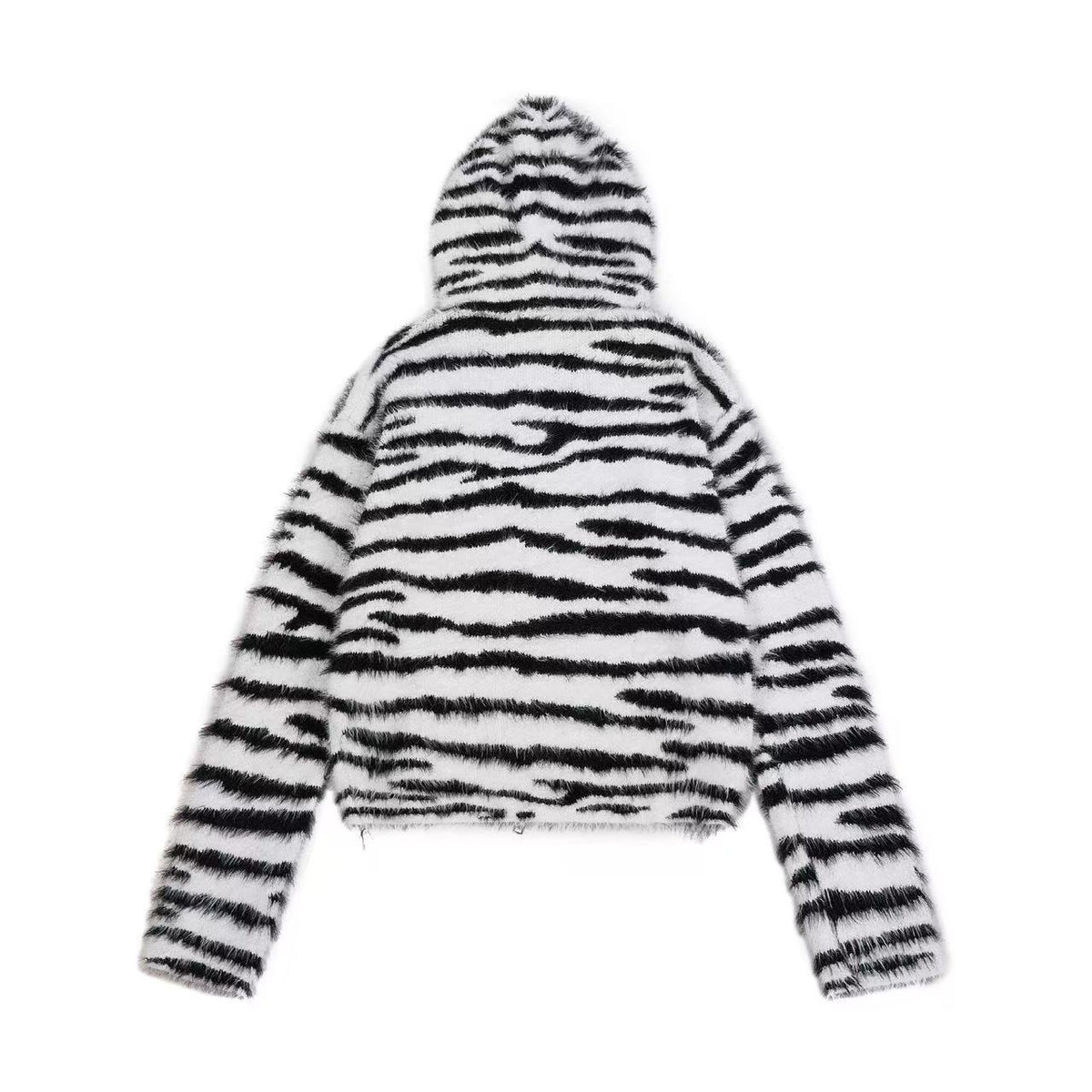 Zebra Stripe Fuzzy Zip Up Hooded Jacket