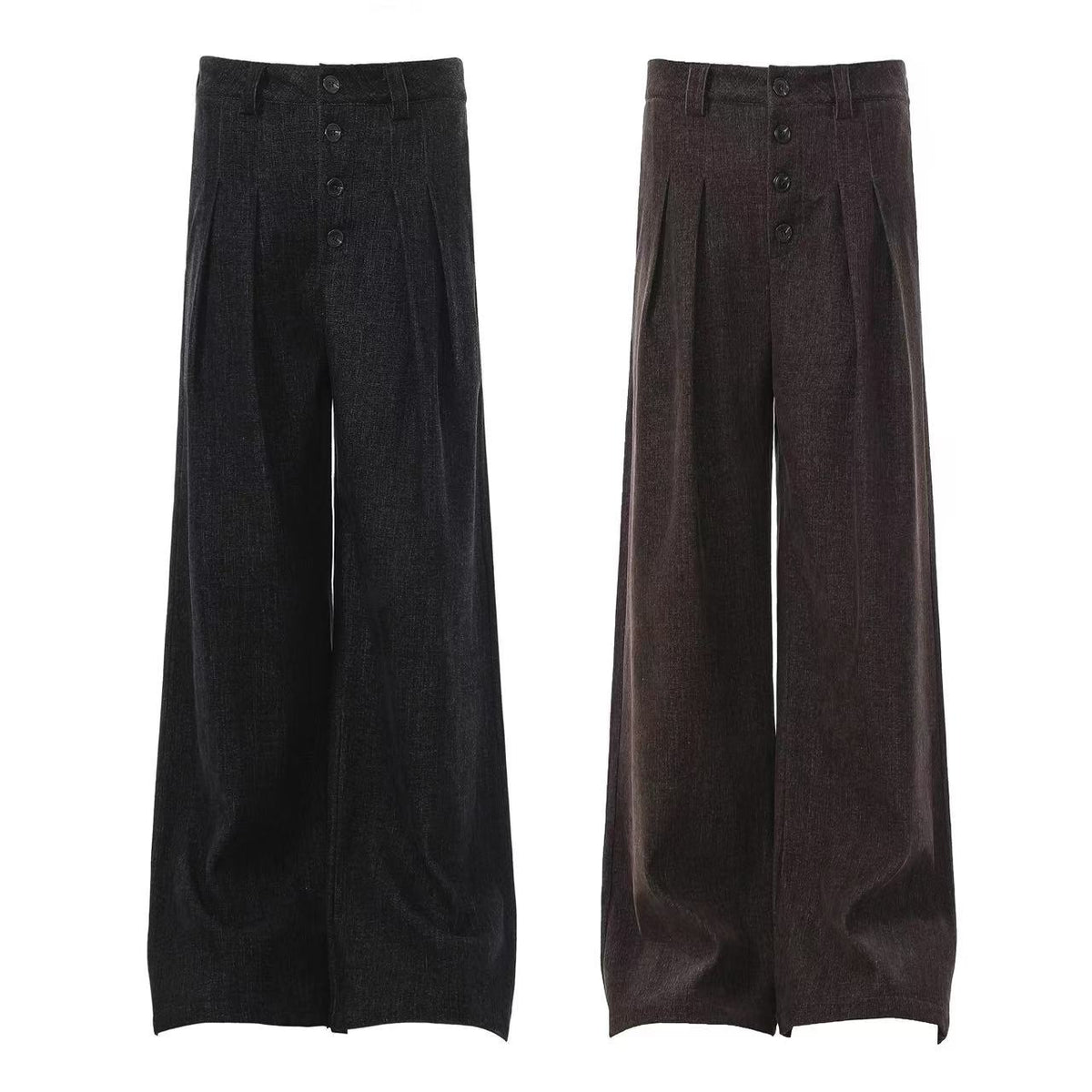 High Waist Button Front Pleated Wide Leg Wool Blend Suit Pants