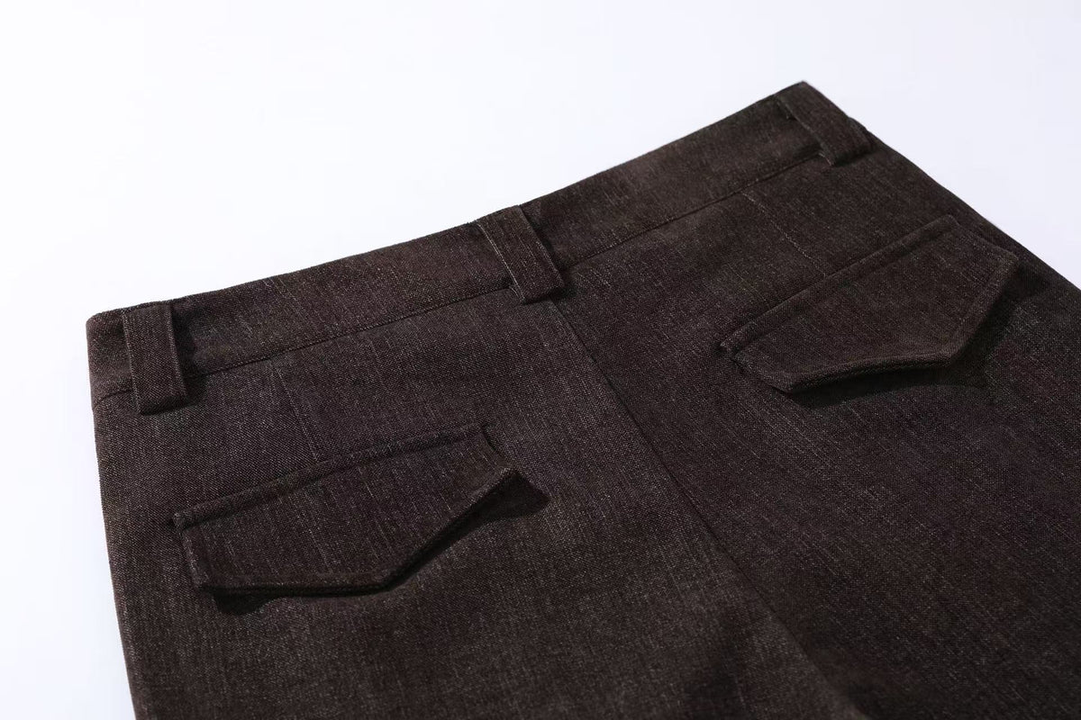 High Waist Button Front Pleated Wide Leg Wool Blend Suit Pants