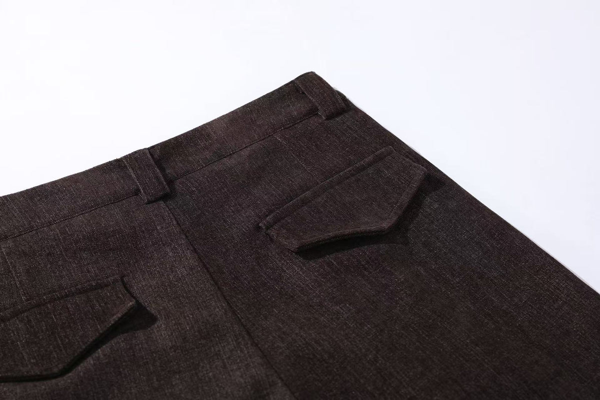 High Waist Button Front Pleated Wide Leg Wool Blend Suit Pants
