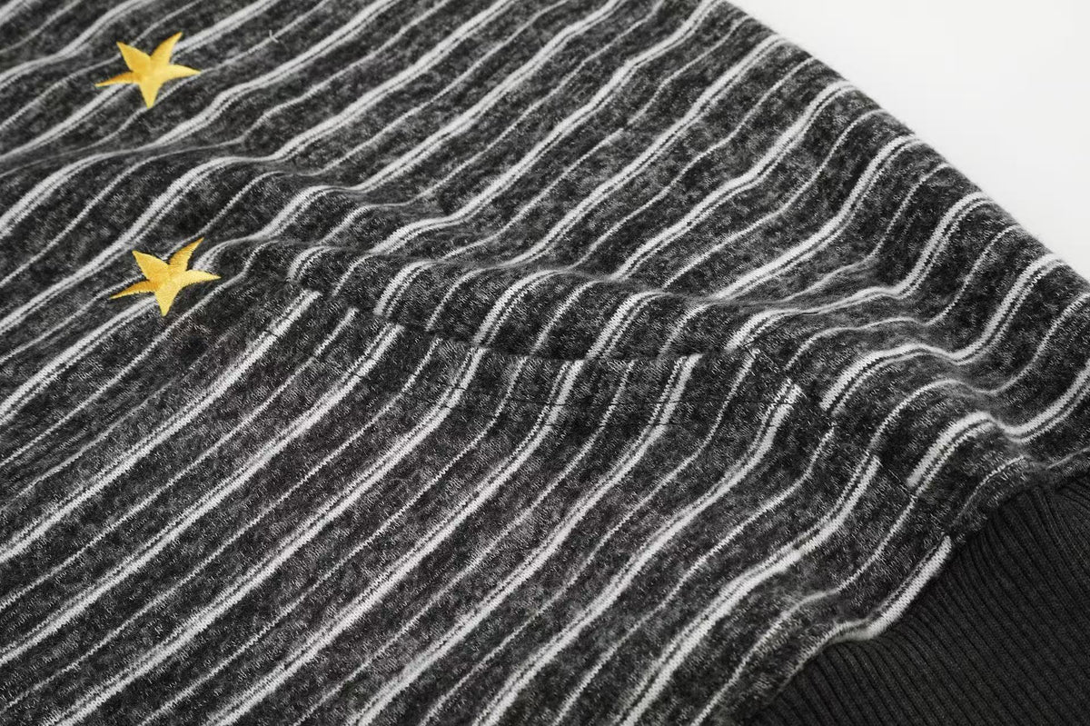 Striped Star Embroidery Zip-Up Hoodie
