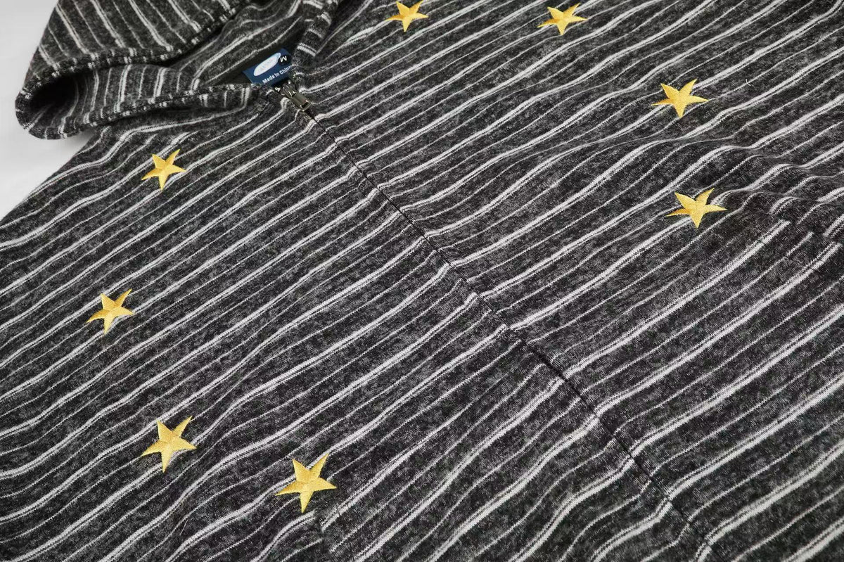 Striped Star Embroidery Zip-Up Hoodie