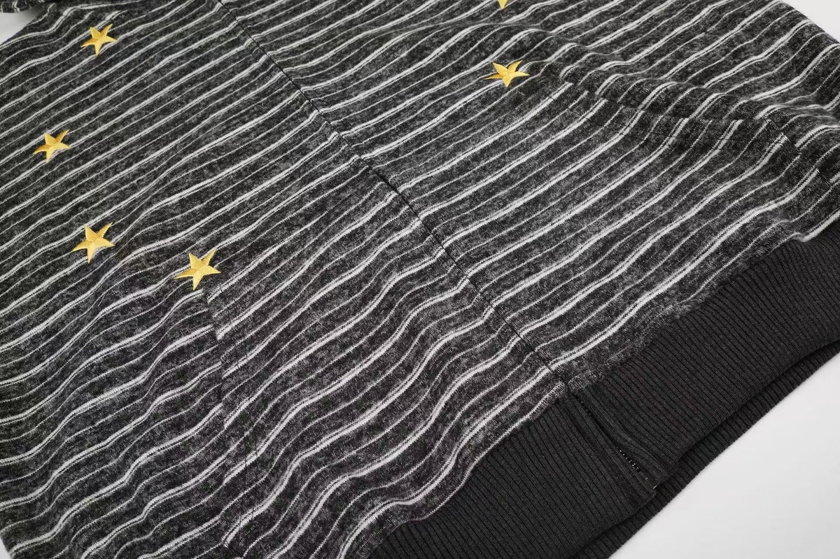 Striped Star Embroidery Zip-Up Hoodie