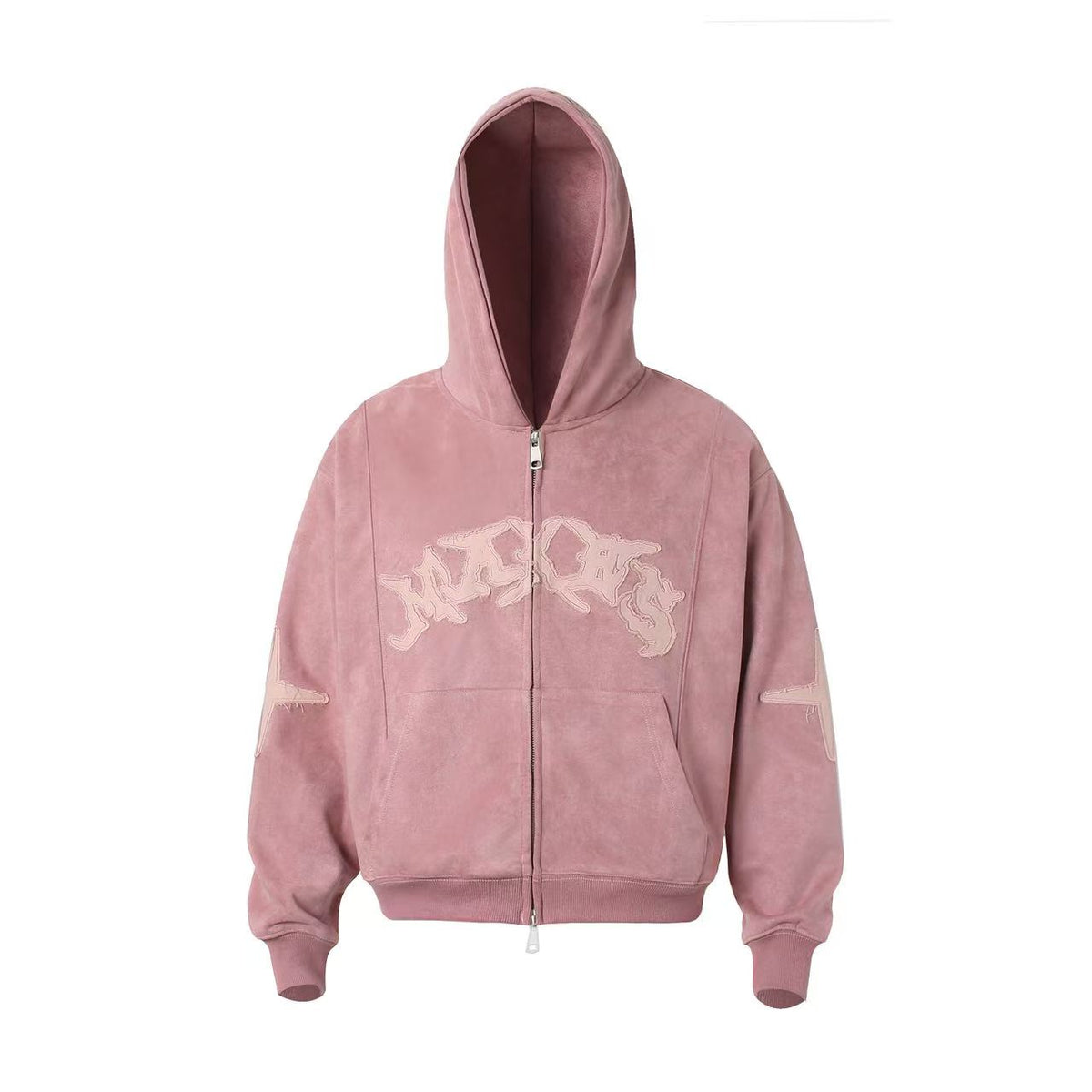 Vintage Suede Letter Embroidery Zip-Up Hoodie