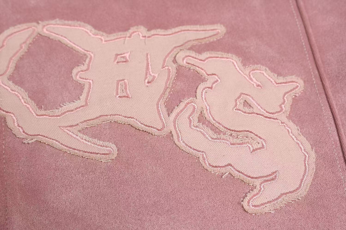 Vintage Suede Letter Embroidery Zip-Up Hoodie