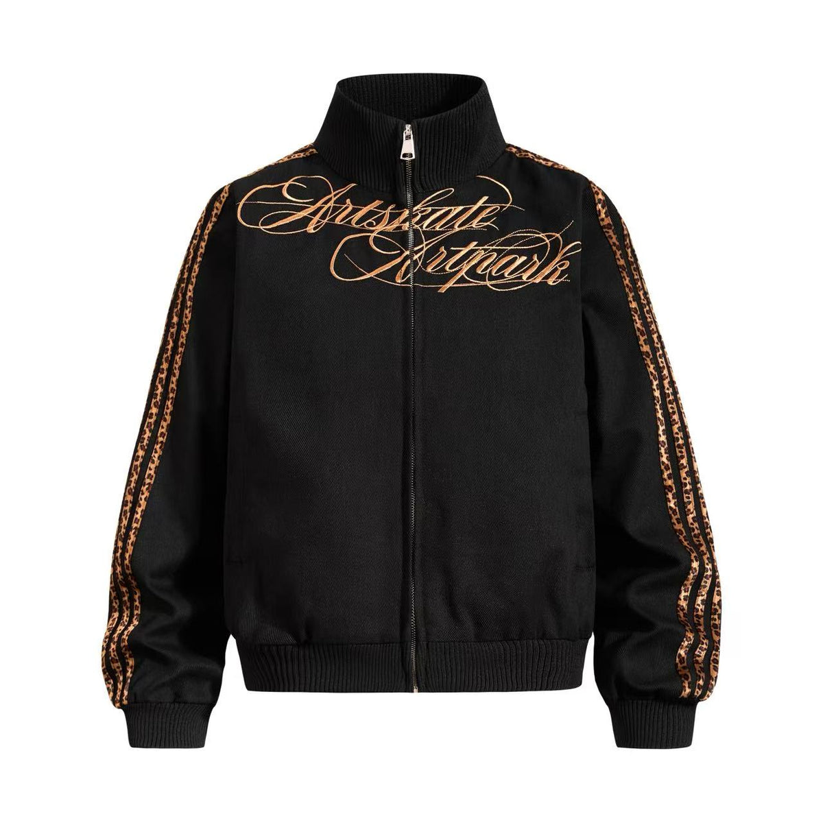 Cropped Leopard Print Side Stripe Script Embroidery Track Jacket