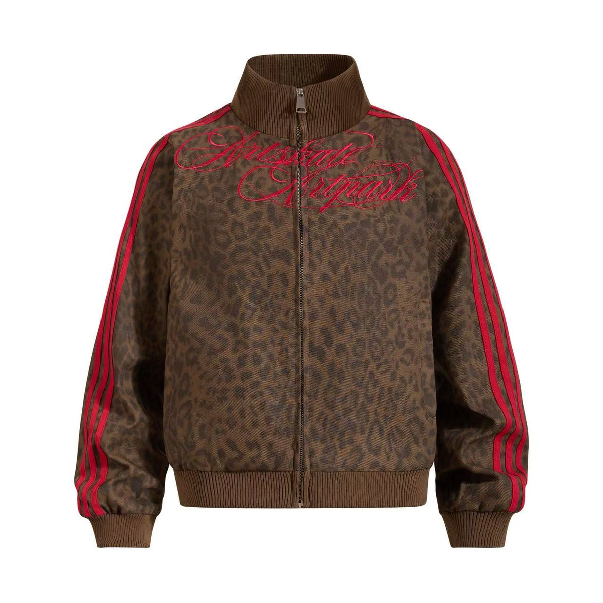 Cropped Leopard Print Side Stripe Script Embroidery Track Jacket