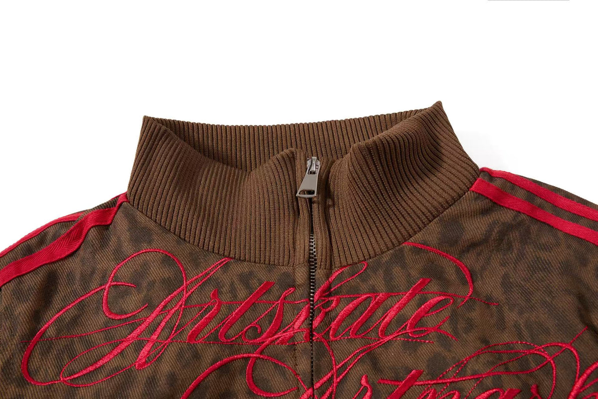 Cropped Leopard Print Side Stripe Script Embroidery Track Jacket