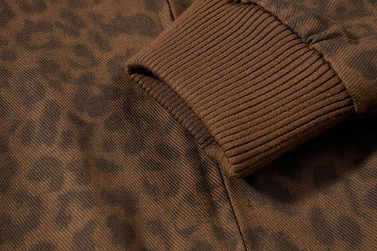 Cropped Leopard Print Side Stripe Script Embroidery Track Jacket