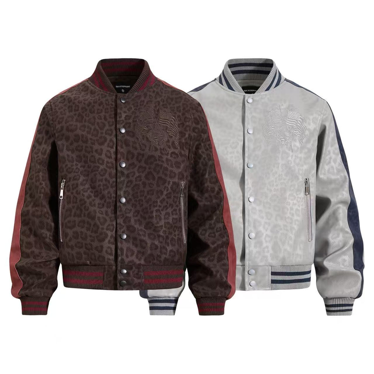 Cropped Leopard Print Flag Embroidery Varsity Jacket