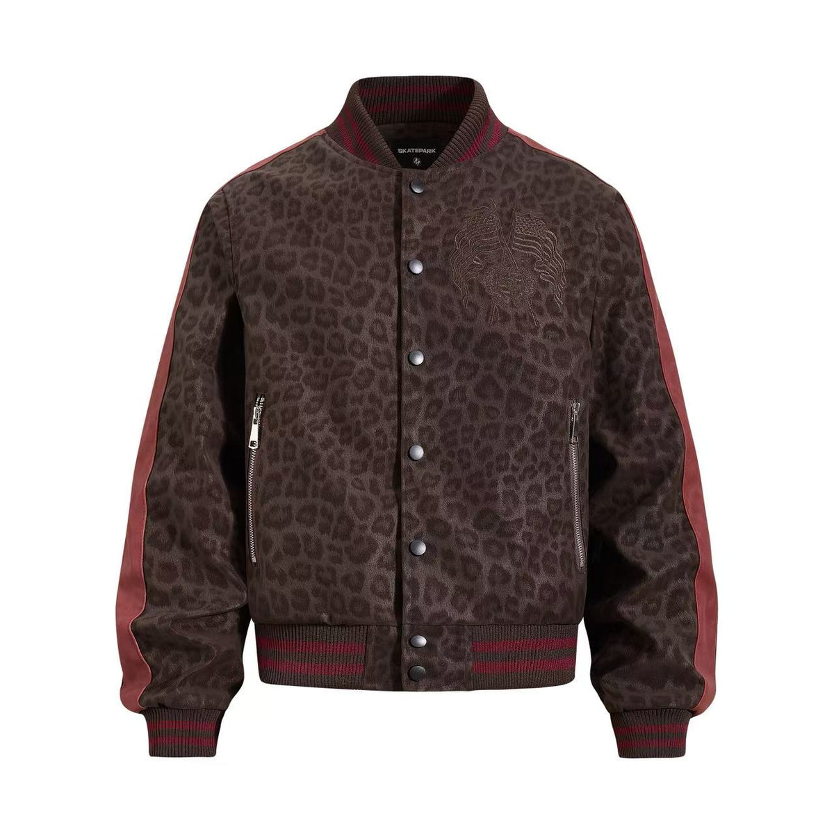 Cropped Leopard Print Flag Embroidery Varsity Jacket