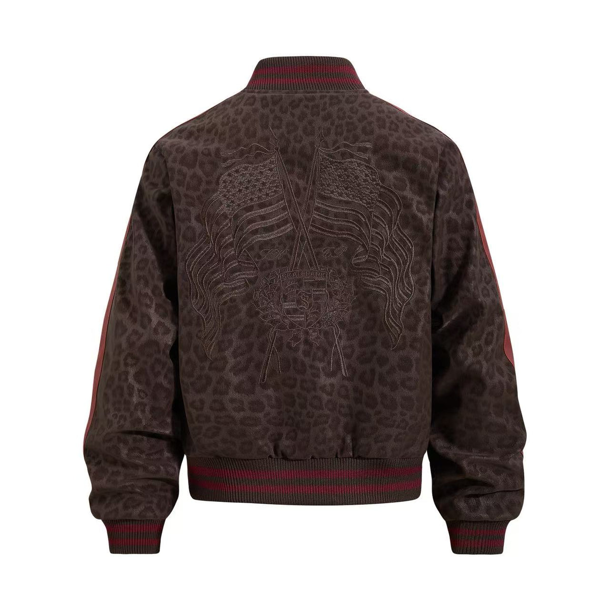 Cropped Leopard Print Flag Embroidery Varsity Jacket