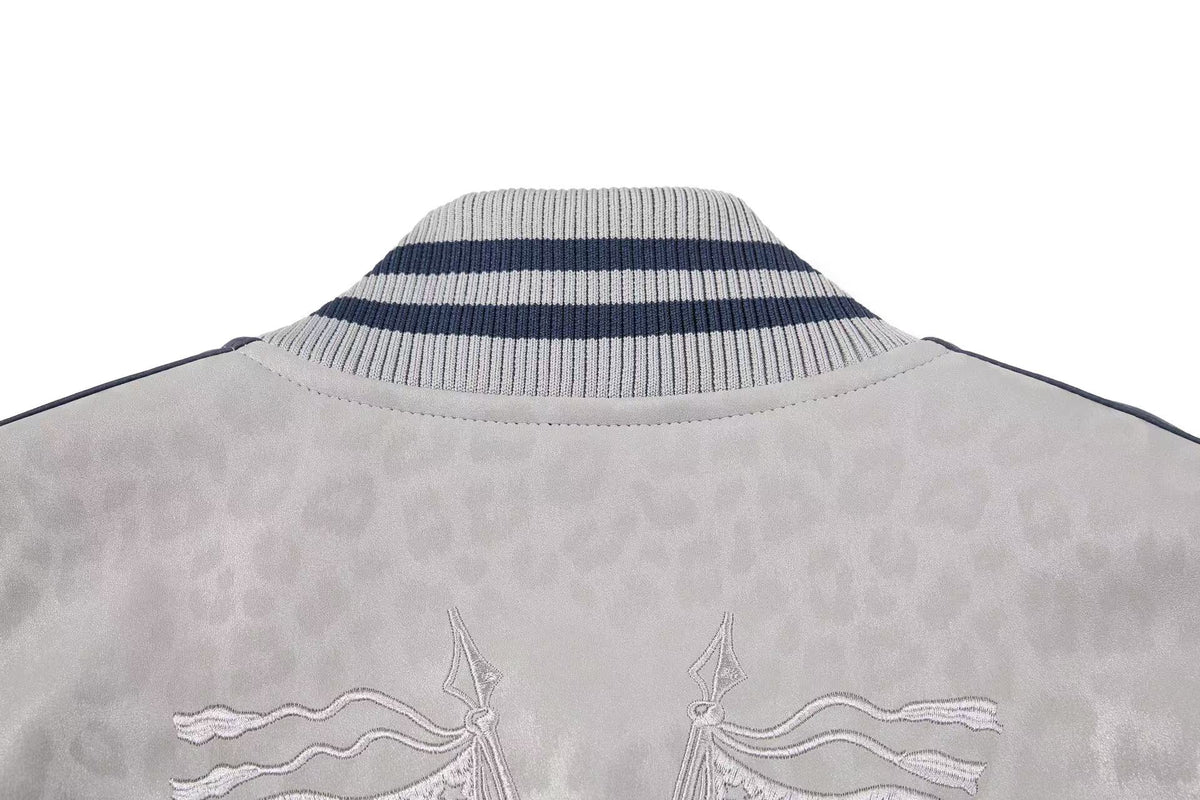 Cropped Leopard Print Flag Embroidery Varsity Jacket
