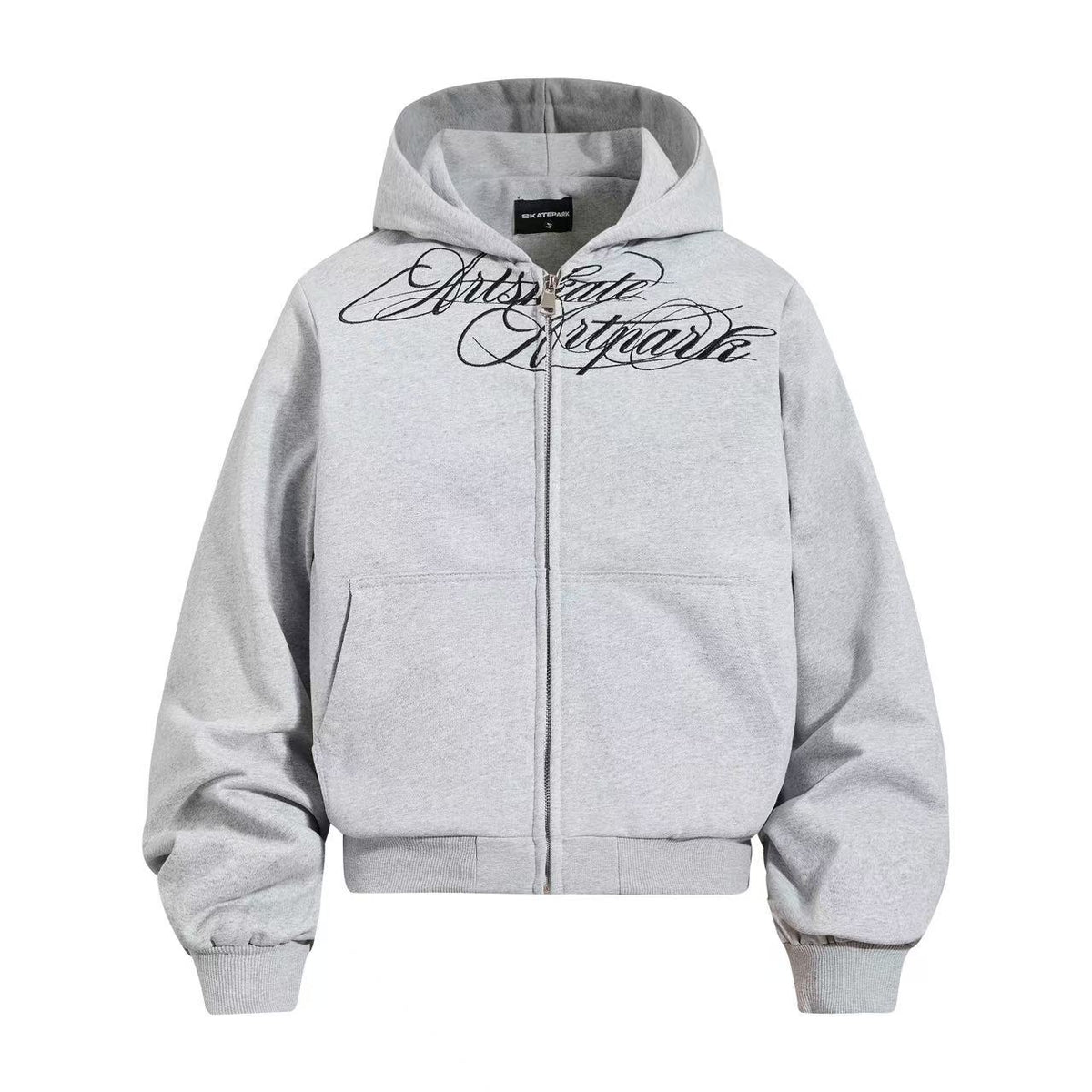 Cropped Cursive Script Print Zip-Up Hooded Jacket