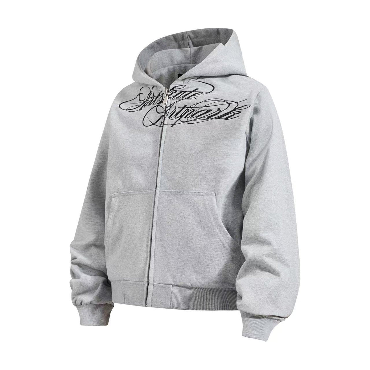 Cropped Cursive Script Print Zip-Up Hooded Jacket