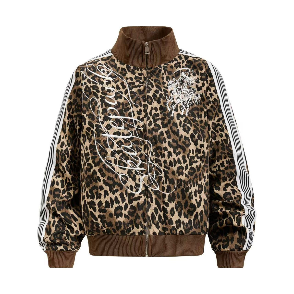 Cropped Leopard Print Side Stripe Script Embroidery Track Jacket