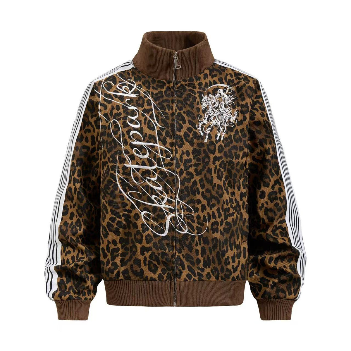 Cropped Leopard Print Side Stripe Script Embroidery Track Jacket