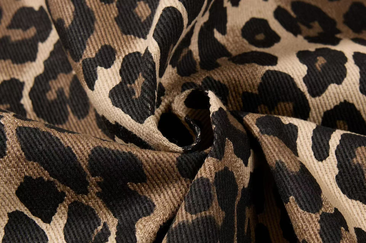 Cropped Leopard Print Side Stripe Script Embroidery Track Jacket