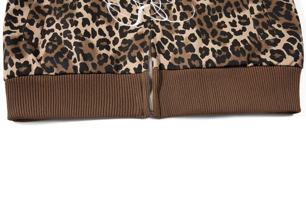 Cropped Leopard Print Side Stripe Script Embroidery Track Jacket