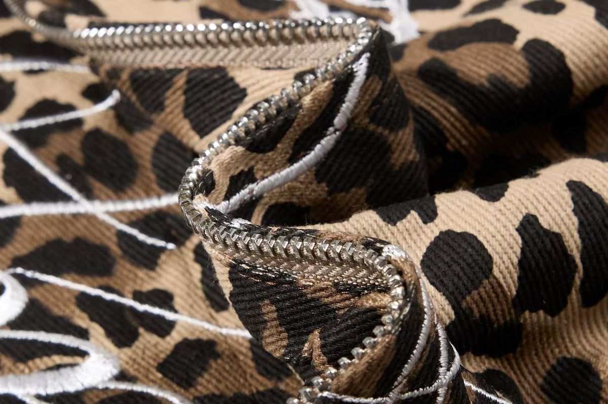 Cropped Leopard Print Side Stripe Script Embroidery Track Jacket