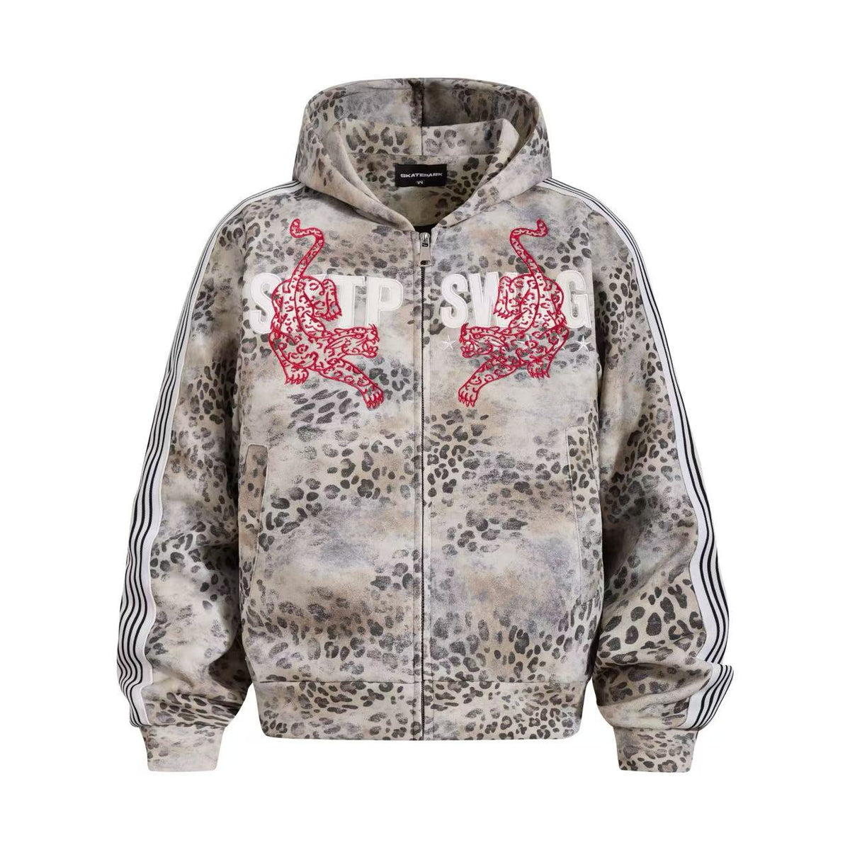 Cropped Vintage Leopard Tiger Embroidery Striped Sleeve Hooded Jacket