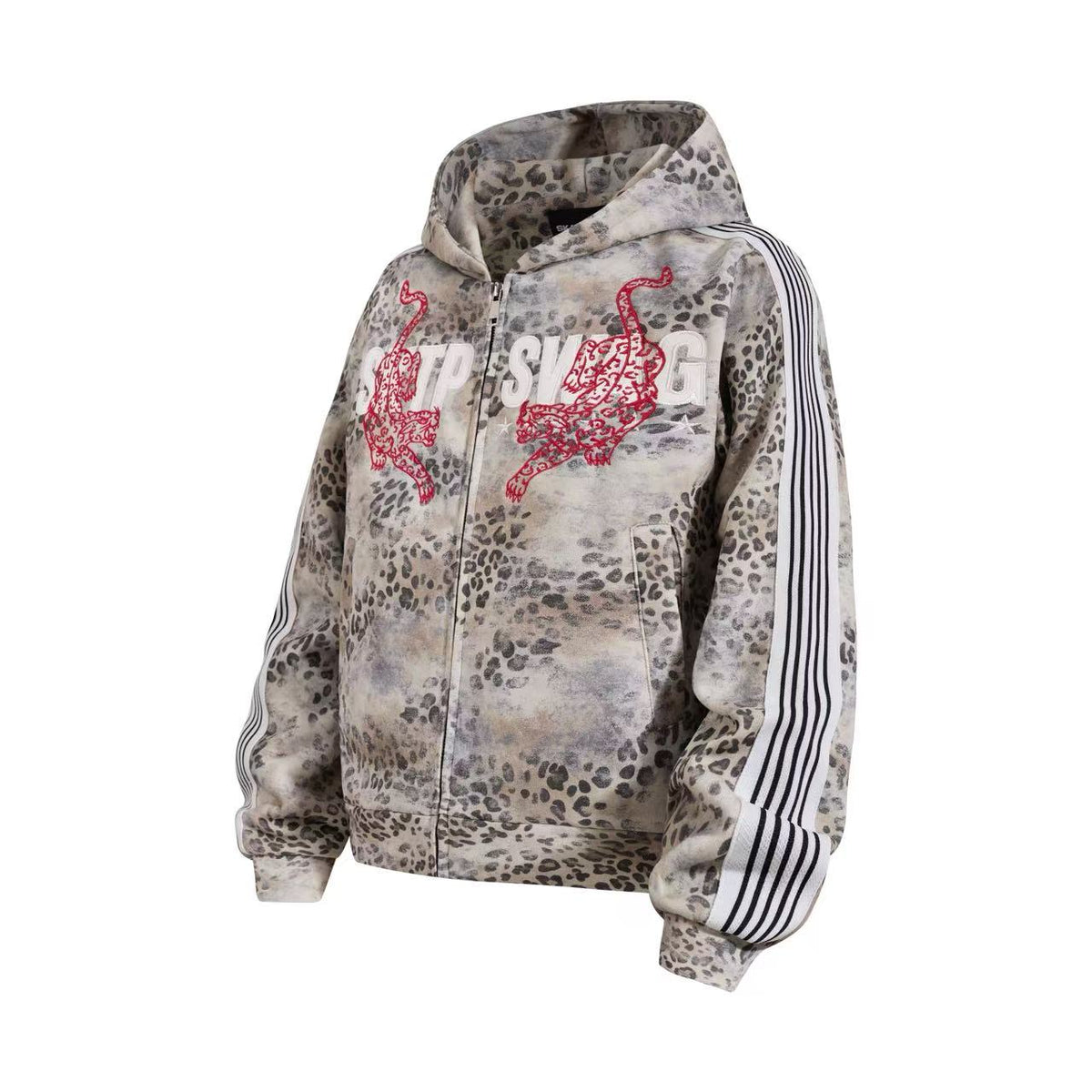 Cropped Vintage Leopard Tiger Embroidery Striped Sleeve Hooded Jacket
