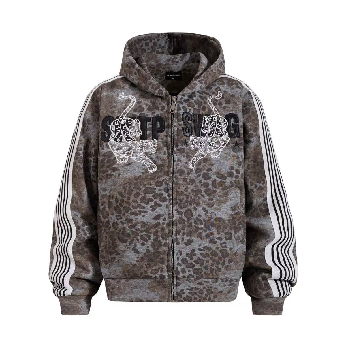 Cropped Vintage Leopard Tiger Embroidery Striped Sleeve Hooded Jacket