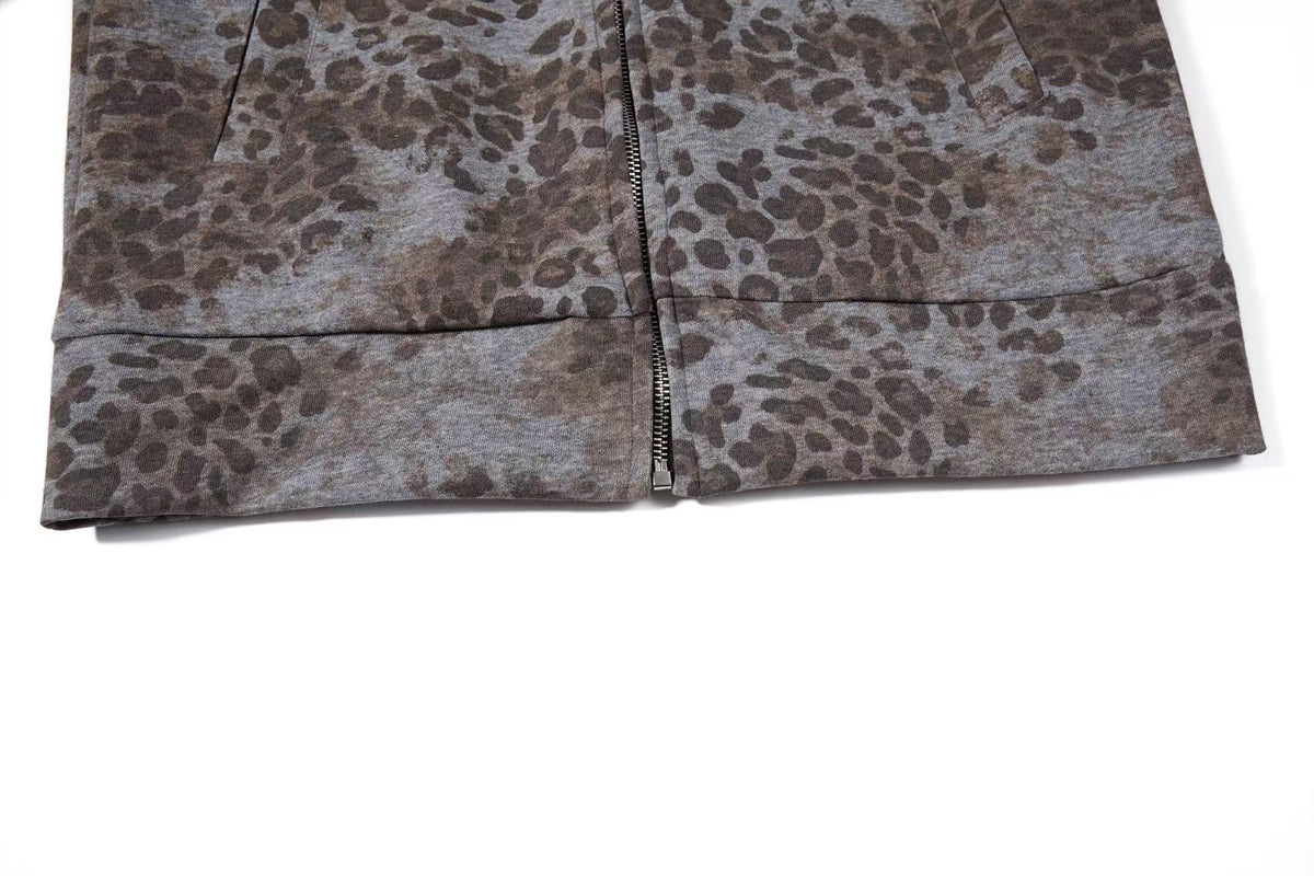 Cropped Vintage Leopard Tiger Embroidery Striped Sleeve Hooded Jacket