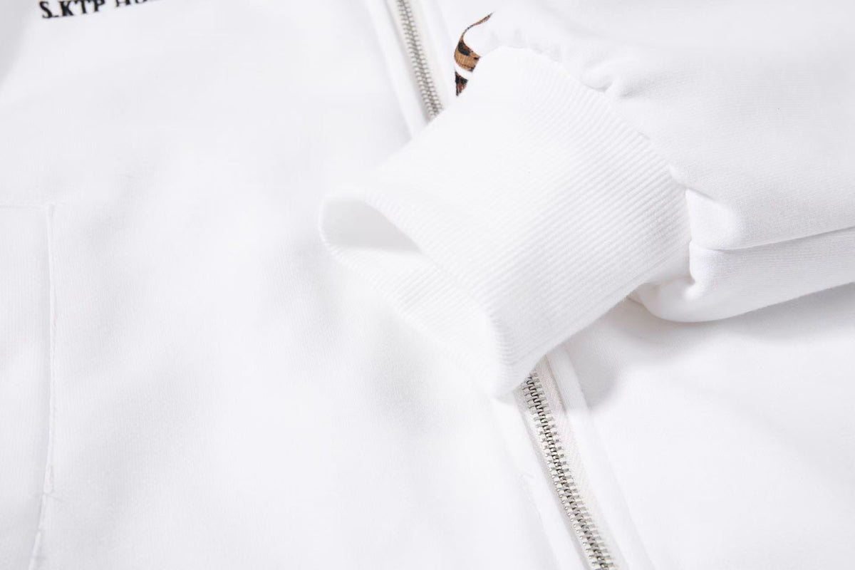Cropped Crest Embroidered Leopard Striped Sleeve Varsity Zip Up Hooded Jacket