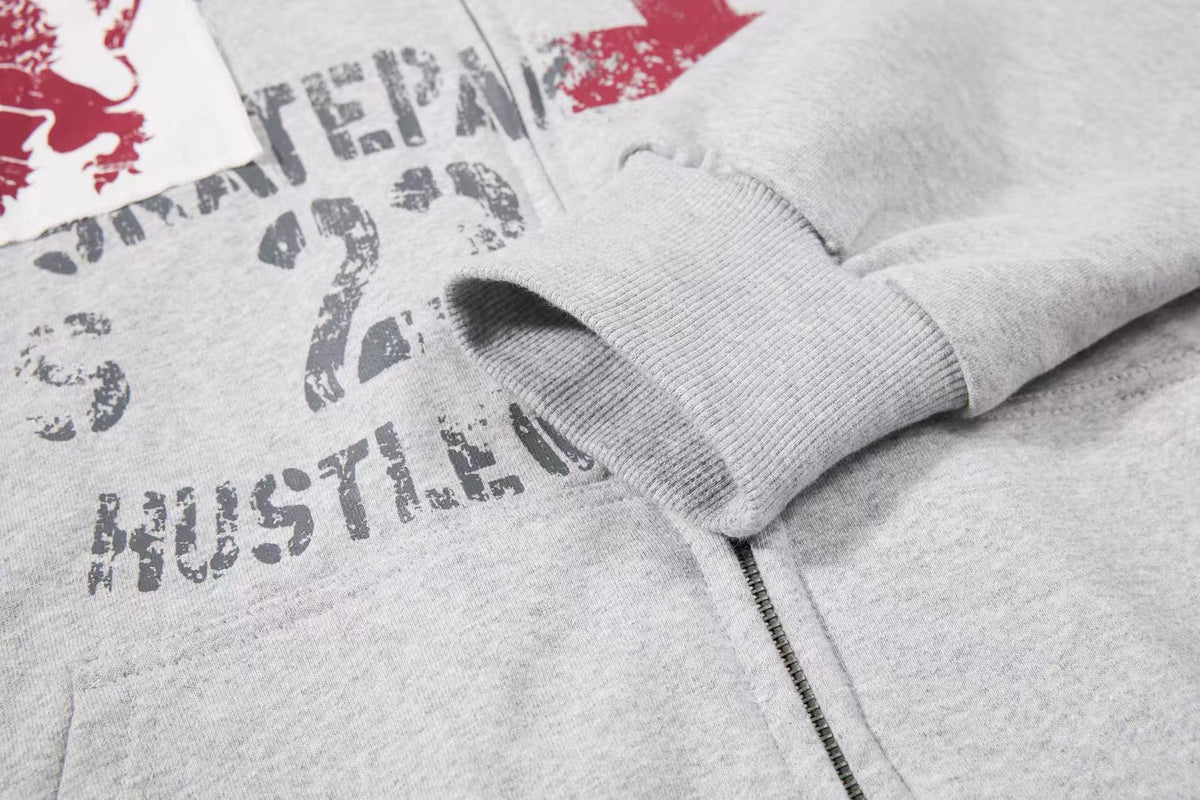 Cropped Distressed Cross Lion Print Zip Up Hooded Jacket