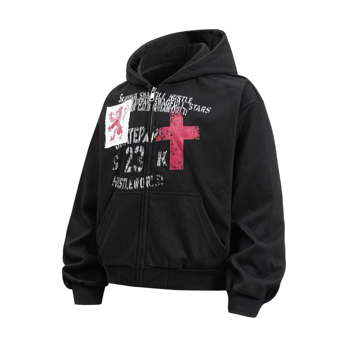 Cropped Distressed Cross Lion Print Zip Up Hooded Jacket