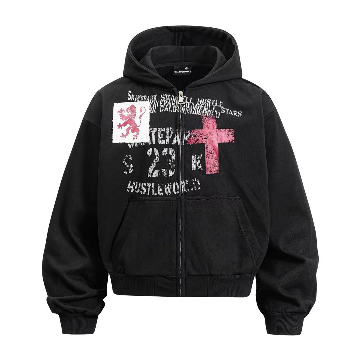Cropped Distressed Cross Lion Print Zip Up Hooded Jacket