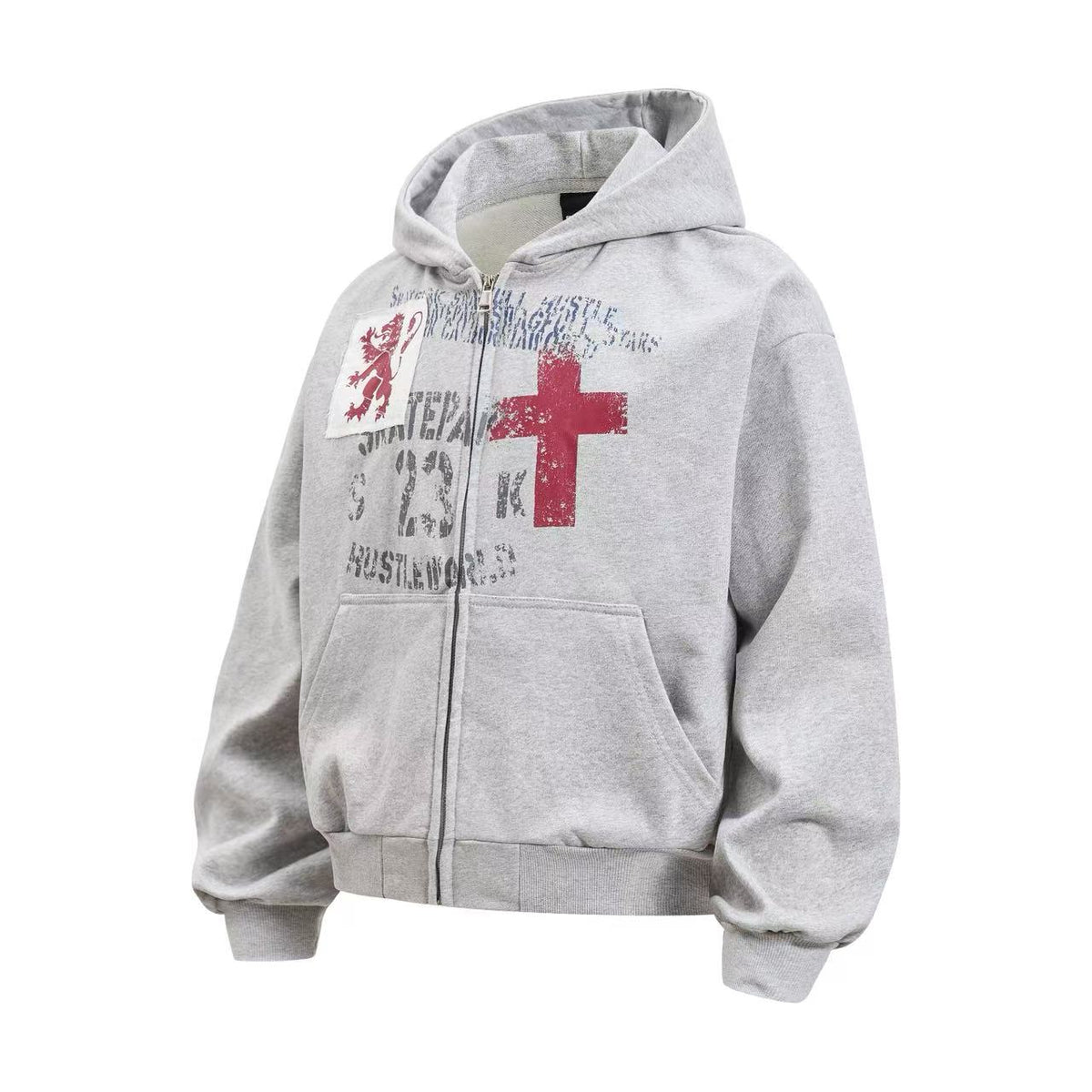 Cropped Distressed Cross Lion Print Zip Up Hooded Jacket