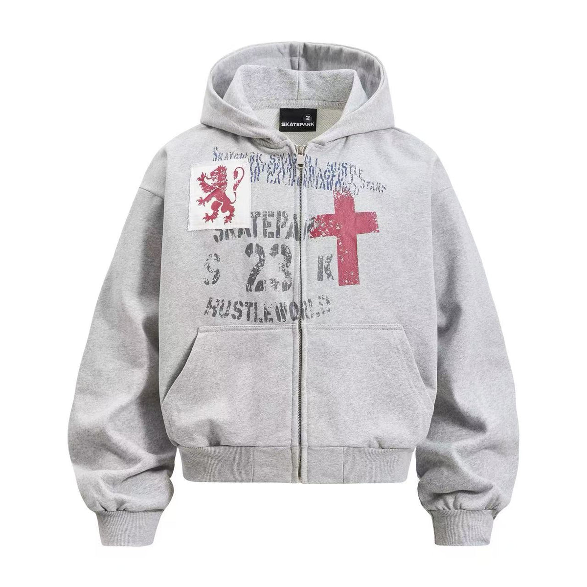 Cropped Distressed Cross Lion Print Zip Up Hooded Jacket