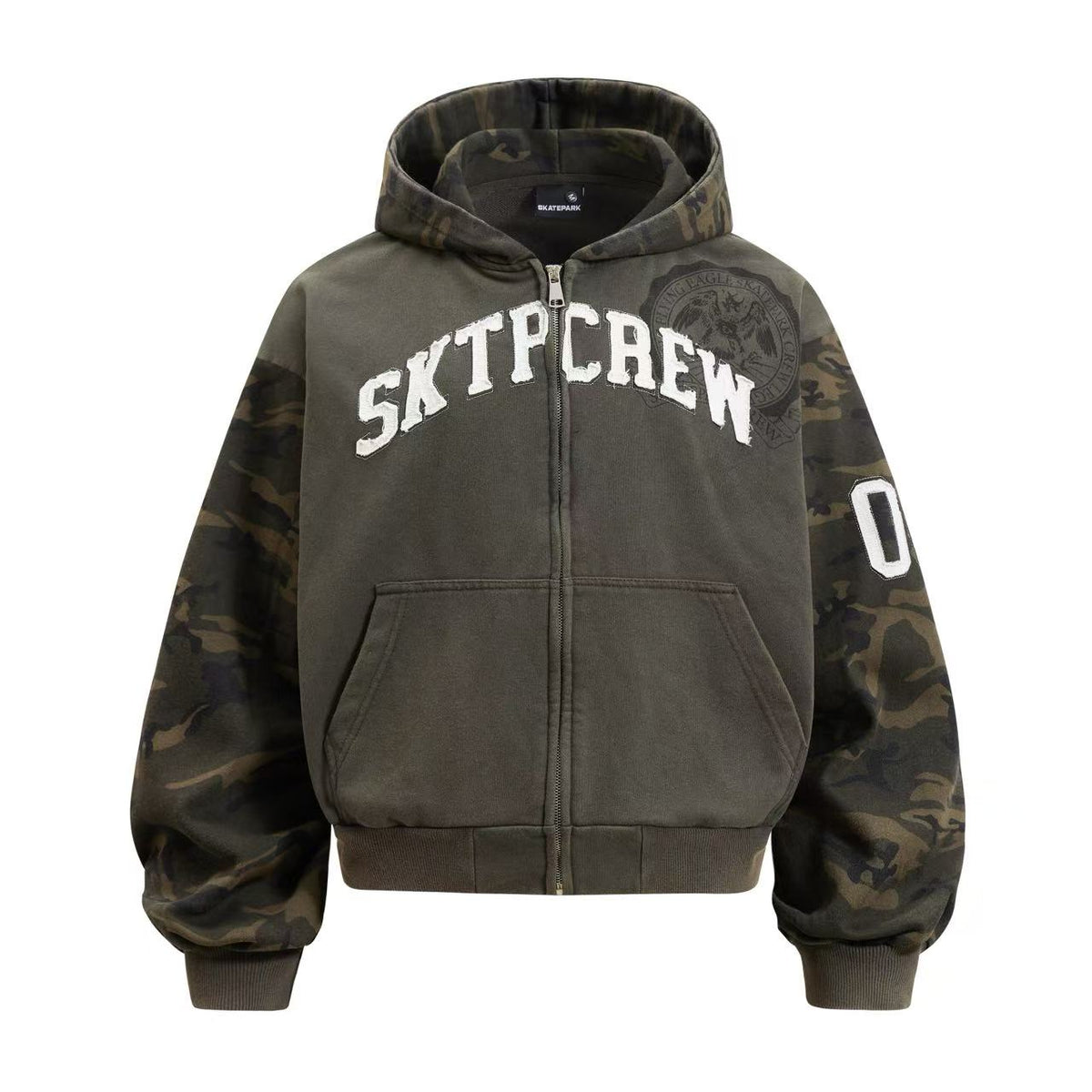 Cropped Chenille Letter Zip Up Hooded Jacket