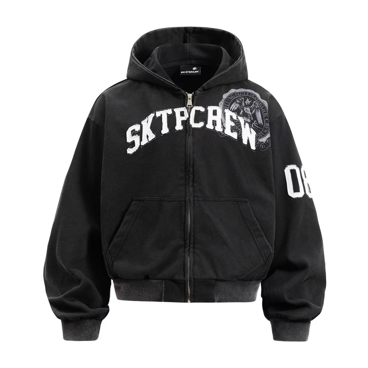 Cropped Chenille Letter Zip Up Hooded Jacket
